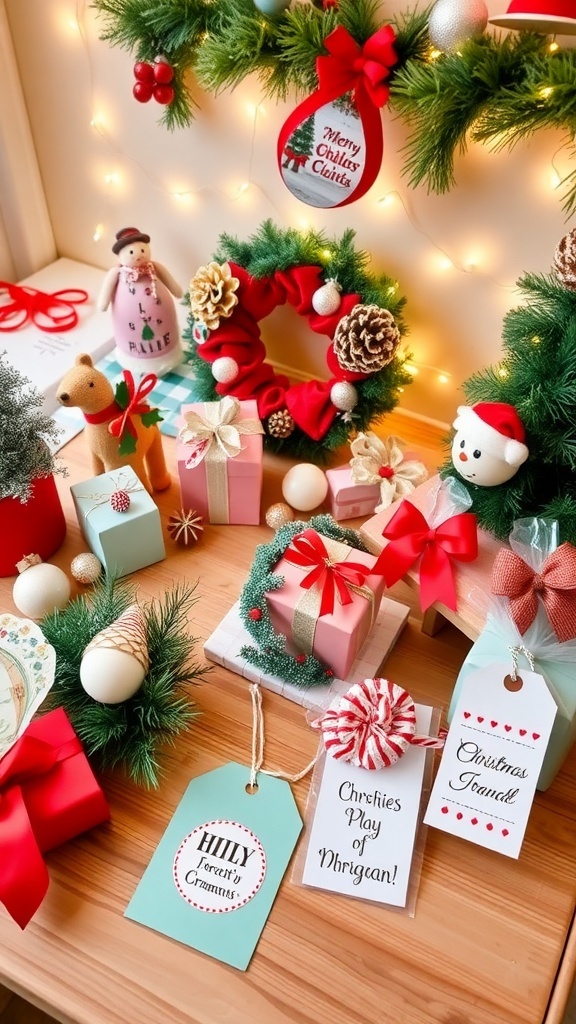 A table showcasing DIY Christmas crafts including ornaments, a wreath, and gift tags.